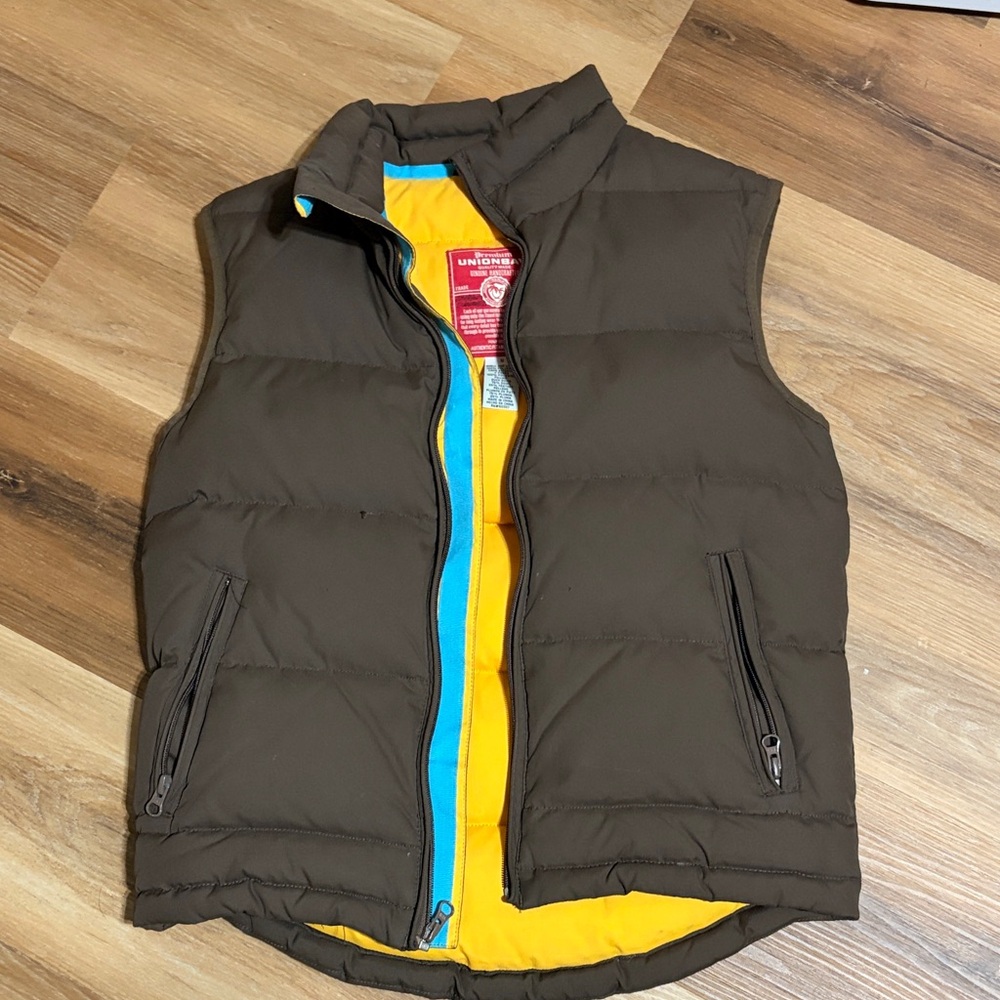 UNIONBAY Brown Puffer Vest with Yellow and Blue Accents